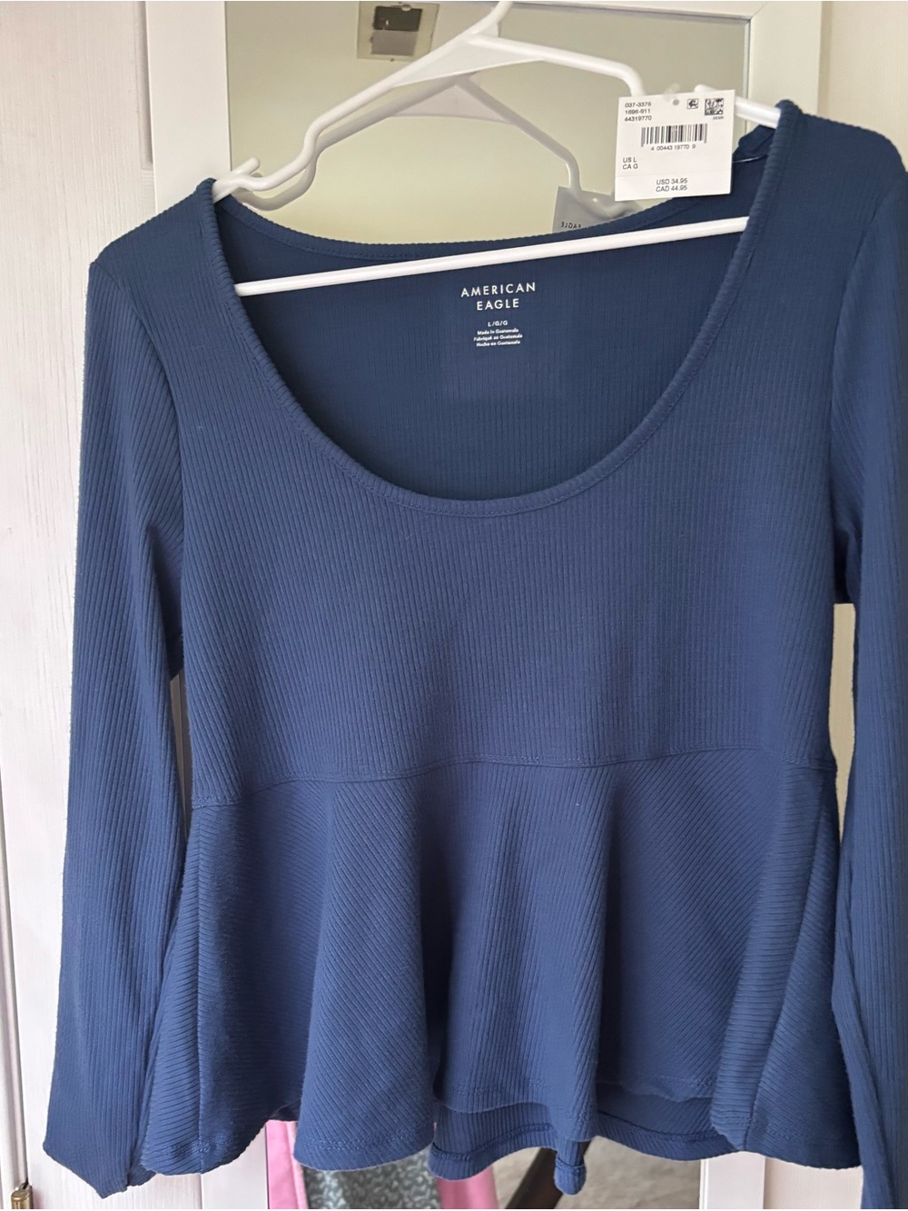American Eagle Outfitters Women's Navy Blue Ribbed Peplum Long Sleeve Top